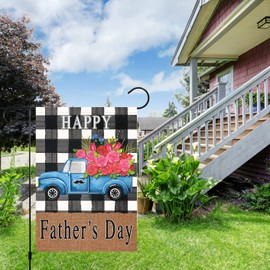 Louise Maelys Happy Father's Day Garden Flag 12x18 Double Sided, Burlap Buffalo Check Plaid Truck Rose Floral Garden Flags Banners Vertical for Daddy Papa Grandpa Father's Day Outdoor Home Decor (ONLY