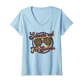 Womens 2jJ Vintage Teacher Leopard Summer Last Day Of School V-Neck T-Shirt