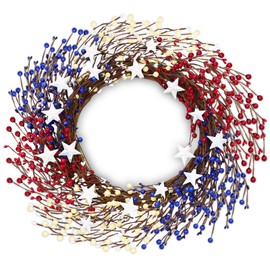 TURNMEON 20 Inch Thicker 4th of July Wreath Patriotic Wreaths for Front Door, Red White Blue Berry Wreath with Stars Natural Branches for 4th of July Decorations Outdoor Memorial Day Independence Day