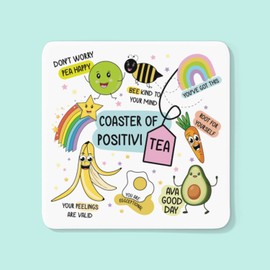 Positivi-TEA Drinks Coaster - Rainbow Cute Cartoon Avacado Pun Fun Daily Affirmation Positive Vibes Good Day Bee Kind Kitchenware Home Decor Place Mats (White)