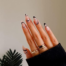 DOTER 24PCS French Press on Nails, Almond Acrylic Fake Nails Medium Length, Black Glue on Tip Nails with Swirls Design, Abstract Nails for Art Decoration