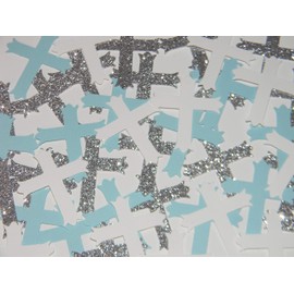 Cross Confetti - Baby Blue, white and Silver Glitter -100 pcs - Boy baptism Wedding Shower decorations party supplies