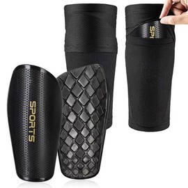 Children's Football Shin Pads, Men's Football with Non-Slip Sleeves, Durable Shin Pads, Football Provides Strong Protection, Carbon Design (XL, Black)