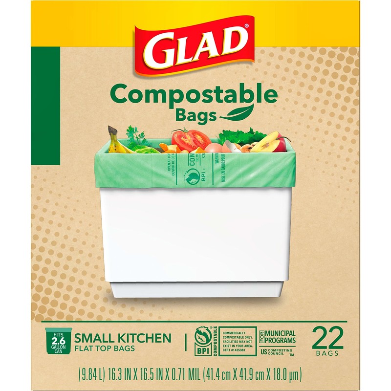 Glad Kitchen Compost Bags, 2.6 Gallon Small Flat Top Bags,