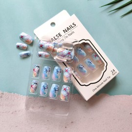 Summer Press on Nails Medium Square Fake Nails with Shell Starfish Designs Ocean Style False Nails Glossy Full Cover Stick on Nails Acrylic Artificial Nails for Women Glue on Nails 24Pcs
