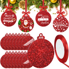 Vicenpal 30 Pcs Acrylic Christmas Ornaments Round 3 Inch Glitter Disc Circle Blank Bulk with Holes Acrylic Ornaments Round with 1 Rolls Ribbon for DIY Christmas Tree Decor(Red)