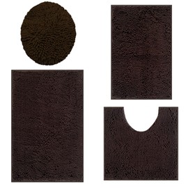 Brown Bathroom Mats Sets 4 Pieces, Bath Mats for Bathroom Chenille Bathmat, Ultra Soft Non-Slip Bath Rug, and Absorbent Bathroom Carpet Set, Plush Bath Rugs for Bathroom, Tub, Shower