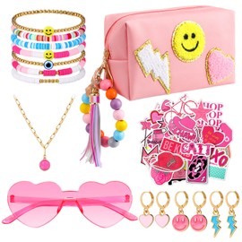 Silkfly 64 Pcs Preppy Back to School Gift for Girl Makeup Bag Set Waterproof Toiletry Pouch with Keychain Rimless Friendship Bracelets Heart Shaped Sunglass Necklace Earring Stickers for Girls 10-12