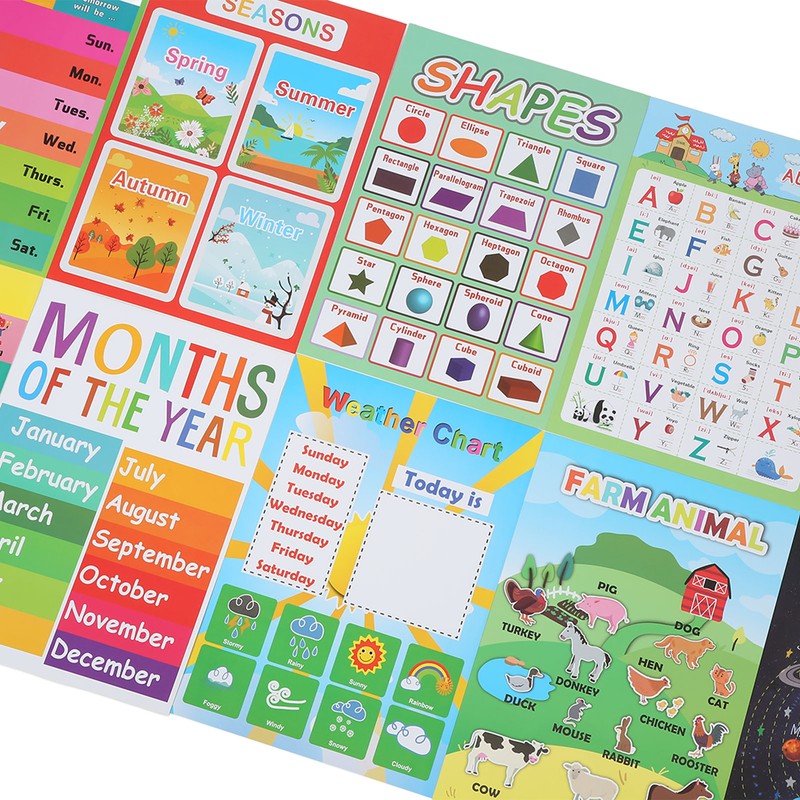 12PCS Educational Posters for Kids Cartoon Learning Poster Waterproof English
