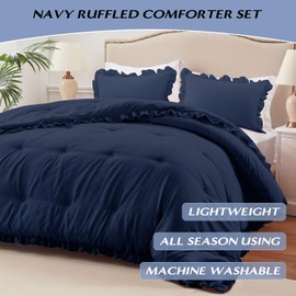 HARBOREST Queen Comforter Set Navy - Ruffle Comforter for Queen Size Bed, Fluffy Queen Size Comforter Set for All Seasons, 3 Pieces Shabby Chic Bedding Comforter Set(1 Comforter & 2 Pillow Shams)