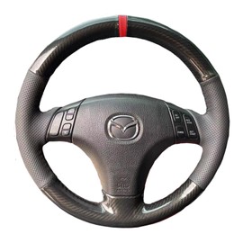 Hand-Stitched Gloss Carbon Fiber Steering Wheel Wrap for Mazda 3 Axela 2004-2009 / Mazda 5 2004-2010 / Mazda 6 Atenza 2003-2008 / Mazda RX-8 2004-2008 Interior Steering Wheel Protection Skin Cover