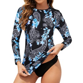 Tanst Sky Women's Modest Swimwear, Swimming Suits for Women Athletic Quarter Zip Long Sleeve Crewneck UPF 50+ UV Protection Rash Guard Ladies Quick Dry Bathing Rushguard Floral Blue Medium