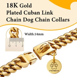 Gold Dog Chain Collar with Dog Tag Pendent Metal Chain Collar Necklace18K Gold Plated Stainless Steel Pet Cuban Links Collars for Dogs(18inch)