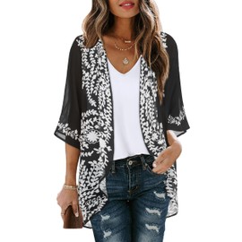 Womens Floral Kimono Cardigans Beach Cover Tops Loose Puff Sleeve Casual Blouse (C Black Flower, M)