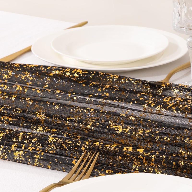 MLMC 6Pcs Black Gold Table Runner Sheer Gauze Glitter Metallic