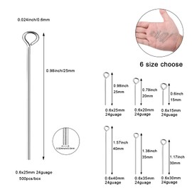 DADIFEN 304 Stainless-Steel Eye Pins for Jewelry Making 24 Gauge Silver Head Pins 0.6x25mm 500pcs/Box Open Eye Pins for DIY Making Earring Necklace Bracelets Dangle Charm Jewelry Findings Eyepins