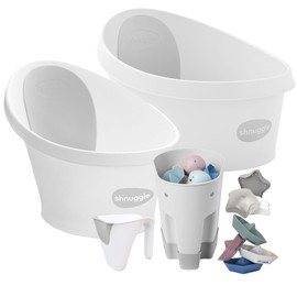 Toddler Bath + Baby Bath + Accessories Bundle | Toddler Bath, Baby Bath, Ellie Bath Toy Scoop, Washy Rinse Jug, Stack n Sail Bath Boats, Wishy Sensory Bath Toy - 6-Piece Set, White & Grey