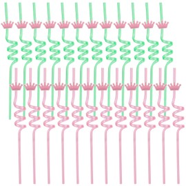 SAVITA 24pcs Reusable Plastic Drinking Straws, Green & Pink Crown Shape Crazy Straws Wizard Party Favors Witch Birthday Party Supplies for Kids & Adults