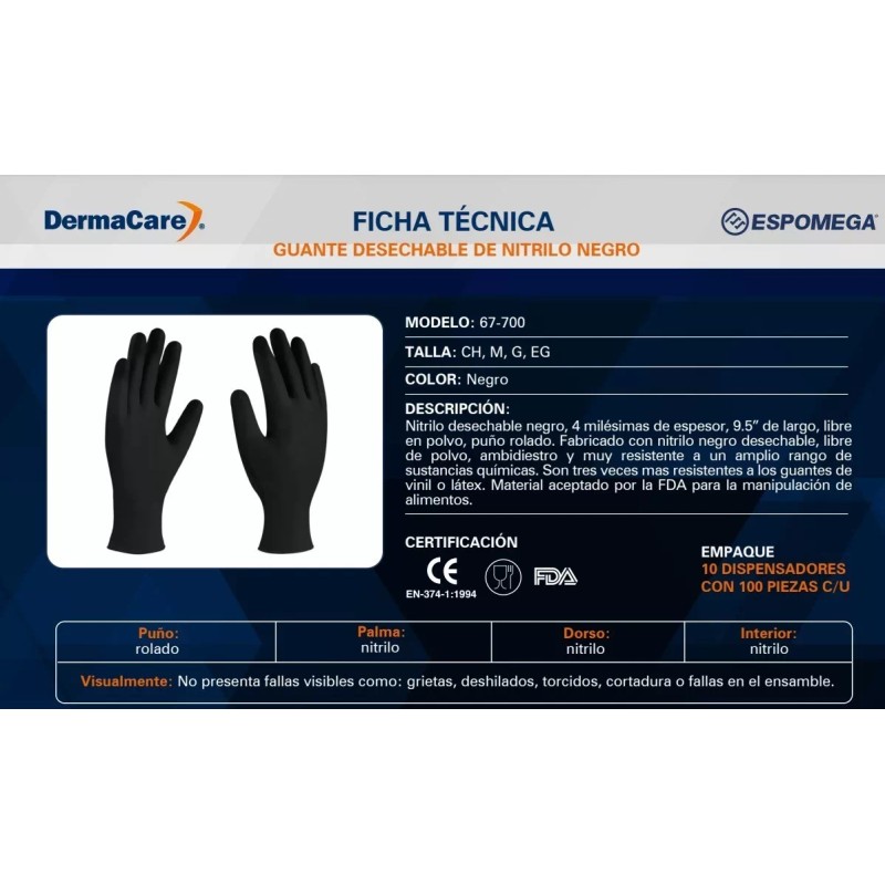 Derma Care Guante Nitrilo Desechable Color Negro Talla M Caja