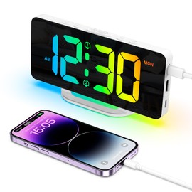 AMIR Alarm Clocks for Bedrooms, Large LED Digital Clock with 10 Color RGB NightLight, 2 Alarm, Snooze, 12/24H, USB Charging Port, Adjustable Volume & Brightness Bedside Clock for Heavy Sleepers