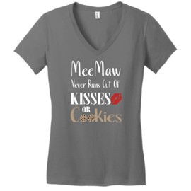 Mothers Day Shirt for Grandma Meemaw Never Runs Out Kisses Cookies Juniors Vneck 2XL Grey