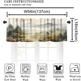 LOMADIA Forest Valance Curtain for Kitchen, Watercolor Mountain Forest Nature Tree Woodland Pattern Window Treatment Rod Pocket Drapes for Bedroom Living Room Offiec Decor 54x18inch