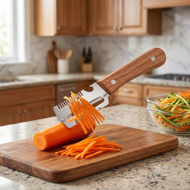 3-in-1 Multifunctional Vegetable Peeler, Curved Stainless Steel Blade Wooden Handle