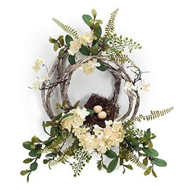 Melrose International 70149 20 in. Polyester & Plastic Hydrangea & Bird Nest Wreath, Green & Brown - Set of 4