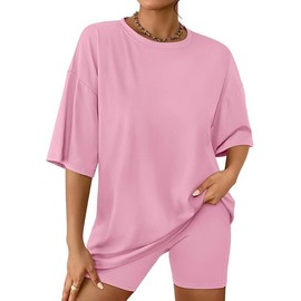 Womens 2 Piece Sets Summer Outfits 2024 Fashion Two Piece Lounge Matching Set Shirts Biker Short Tracksuit Pink L