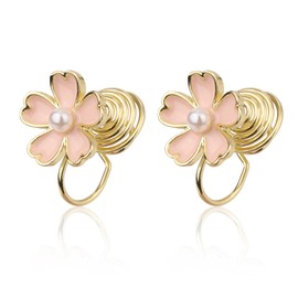 Pink Flower Earrings for Women, Delicate Cherry Blossom Stud Earrings No Piercings Pink Flower Clip on Earrings Sweet Pink Flower Pearl Earrings Cherry Blossom Floral Earrings Gifts for Women