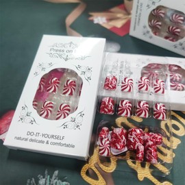 Christmas Candy Cane Press on Nails 24Pcs Short Square Firework Print Fake Nails Glossy Red Glitter Acrylic False Nails Xmas Curve Line Gel Glue on Nails Candy Stick on Nail for New Years Women Girls