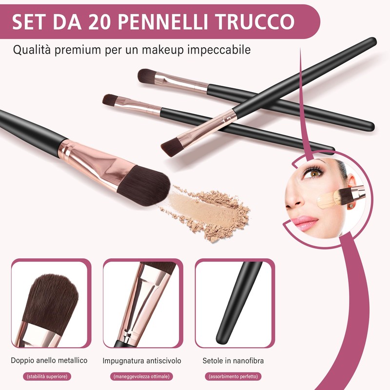 20 Pezzi Set Pennelli Trucco Professionale, Kit Completo con Pennello