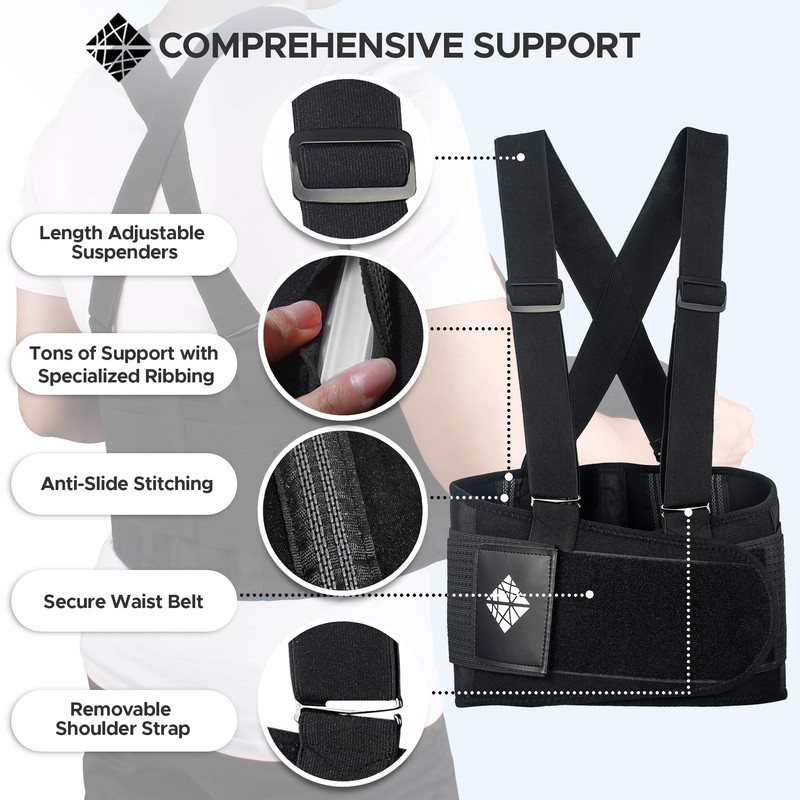 Adjustable Lower Back Support Belt with Suspenders - Heavy Duty