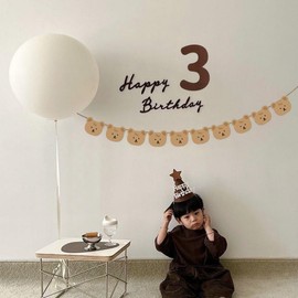 Bear Felt Birthday Garland Set for 3 Years with Number & 2 White Balloons Wall Decor Birthday Party Decoration Birthday Balloons (3 Years)
