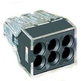 WAGO 773-166 50 MM, PUSH WIRE® CONNECTOR FOR JUNCTION BOXES - FOR SOLID AND STRANDED CONDUCTORS - MAX. 2.5 MM² - 6-CONDUCTOR - TRANSPARENT HOUSING - BLACK COVER - SURROUNDING AIR TEMPERATURE: MAX 60°C