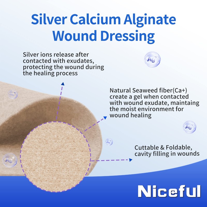 Niceful Silver Calcium Wound Dressing 4" x 4", Highly Absorbent