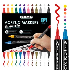 colpart Dual Tip Acrylic Paint Pens Markers，12 Color Premium Acrylic Paint Pens for Rock Painting,Wood,Canvas,Stone,Brush Tip Acrylic Paint Markers For DIY Crafts Art Supplies Christmas Gift