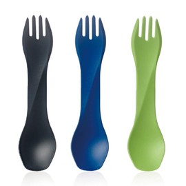 Humangear GoBites Uno Portable Silverware Utensils Camping Gear Accessories Kitchen Equipment for Cooking or Lunchbox, 3-Pack, Blue/Gray/Green
