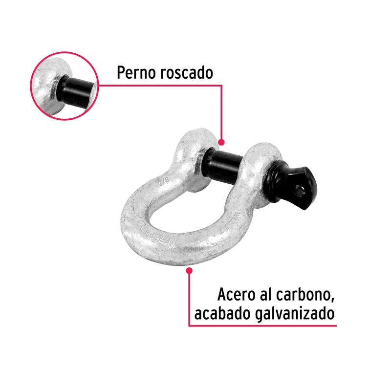Fiero GRI-3/8, Grillete de 3/8", perno roscado, galvanizado por inmersión