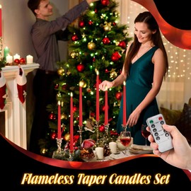 Rossesay 28 Pcs Flameless Taper Candles with Timer Remote 4 Sizes of 8.5", 9.6", 10.83", 12.8" LED Flameless Flickering Taper Candles Battery Operated for Church Wedding Home Decor(Red)