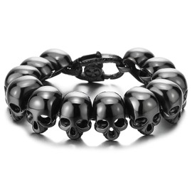 COOLSTEELANDBEYOND Mens Black Stainless Steel Large Skull Link Bracelet Biker Gothic Style Silver Color Polished