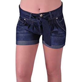 EyeCatchClothing - Damen Jeans Short im sportlichen Indigo Style mit blauem Gürtel Grösse 10