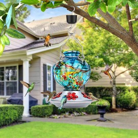 BOLITE Hummingbird Feeder, Hand Blown Glass Hummingbird Feeders for Outdoors Hanging, with Ant Moat and 5 Feeding Ports, 22 Ounces, Peony Flower Shape, Blue, Gifts for Women Men, Gifts for Mom Dad
