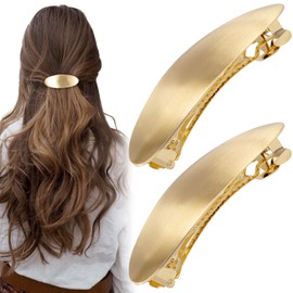 CustomyLife 2pcs French Metal Oval Hair Barrettes for Women, Non-Slip Simple Large Hair Clip, Vintage Brushed Hair Accessories for Long Short Curly Straight Thick Thin Wavy Hair-Gold