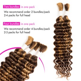 Human Braiding Hair Deep Water Wave 2 Bundles/Pack 50g 20 Inch, Chololate Brown to Honey Blonde Bulk Human Hair Braiding Hair for Boho Braids, Wet and Wavy Curly Boho Human Hair for Braiding
