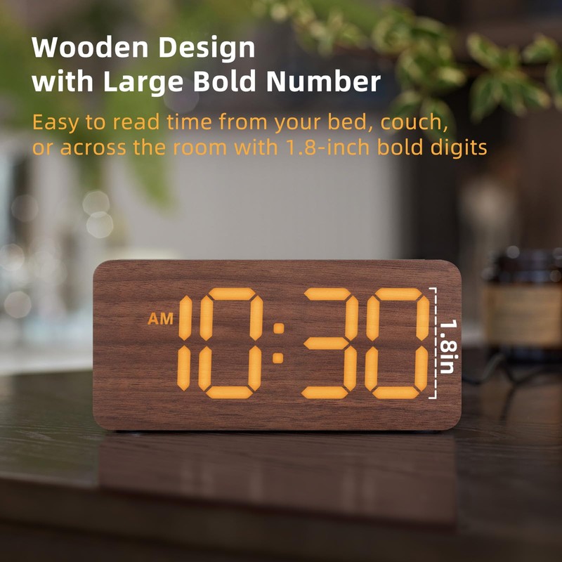 uscce Wooden Digital Alarm Clocks for Bedrooms: Dimmable Dual Alarm
