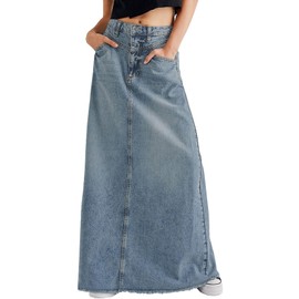 CHARTOU Women Vintage Denim Maxi Skirt Frayed Raw Hem High Waist A-Line Long Jean Skirt (Small, Light Blue)