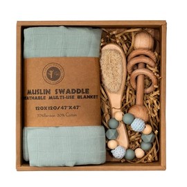 BoxLux Newborn Baby Gift Box with Bamboo Muslin Swaddle Blanket, Wood Rattle Toy and Wool Brush, Welcome Box for Baby Shower (Blue/Green)