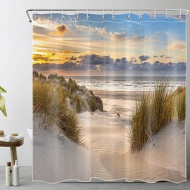 LB Beach Shower Curtain 180 x 200 cm Sunset Landscape Tropical Island Anti-Mould Waterproof Bathroom Curtains, Seascape Extra Long Polyester Fabric Bathroom Curtain with Hooks