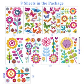109Pcs Window Stickers, 9 Sheets Double Sided Reusable Window Decals with Flowers, Butterflies and Bee, Anti-Collision Stickers for Glass Door, Window Decorations for Home, School, Kindergarten, Shop.